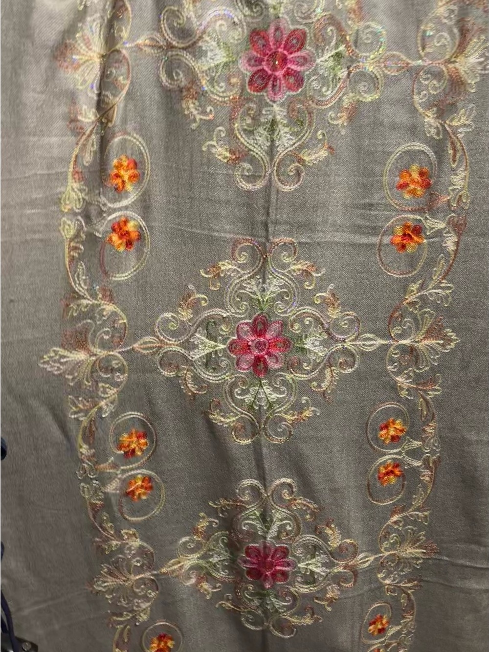 Embroidered Taupe Gray Shawl Wrap w/ Floral Sequins & Fringe